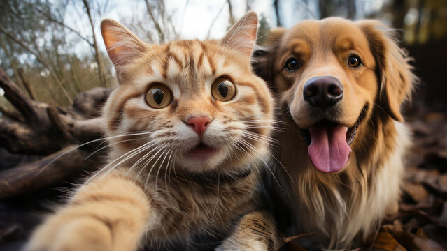 Cat takes a selfie with dog. True friendship.