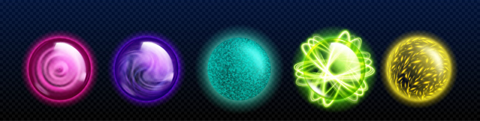 Game assets of fantasy glowing orb with magic power. Realistic vector illustration set of colorful luminous balls of witch or wizard. Energy glass globe with shining plasma with neon light effect.