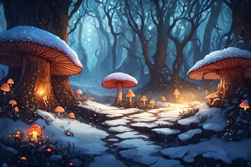 A Hidden Snowy Path to a Mysterious Forest Illuminated by Glowing Mushrooms and Inhabited by Otherworldly Creatures.