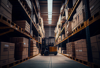 Low angle view, forklift loads pallets in warehouse. AI generative.