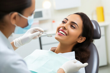 indian young woman getting dental treatment - obrazy, fototapety, plakaty
