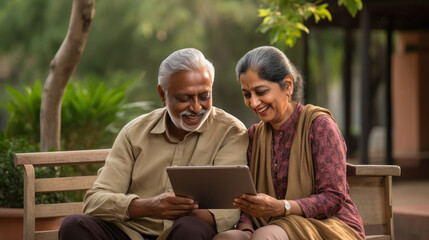 indian senior couple sitting at park and using tablet