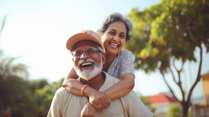 Senior indian couple giving happy expression
