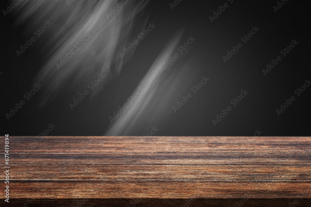 Sticker empty blank wooden table with white smoke and light