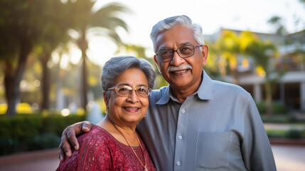 Senior indian couple standing together and giving happy expression.