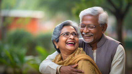 Senior indian couple standing together and giving happy expression.