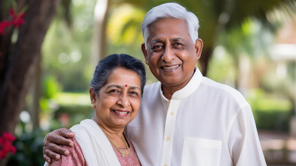 Senior indian couple standing together and giving happy expression.