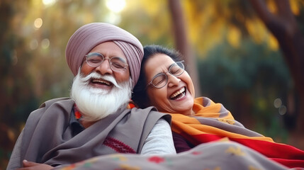 Senior indian couple standing together and giving happy expression.
