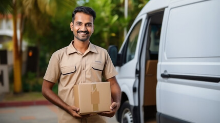 indian delivery man holding cardboard box - obrazy, fototapety, plakaty