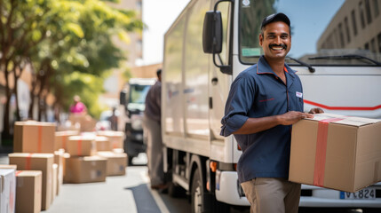 Indian deliverer man giving happy expression - obrazy, fototapety, plakaty