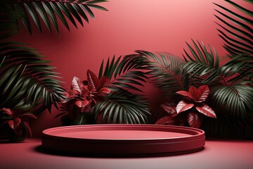 Obraz premium 3D render of red background with tropical leaves and podiums, 8k by Generative AI