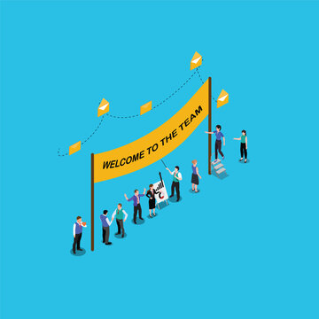 Happy tiny people are near welcome banner isometric 3d vector illustration concept