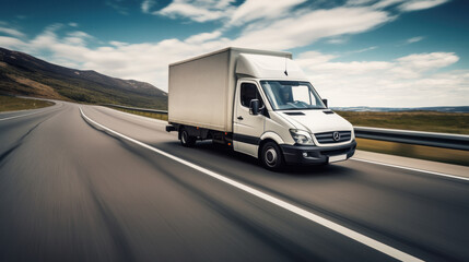 Delivery Van moving on highway - obrazy, fototapety, plakaty
