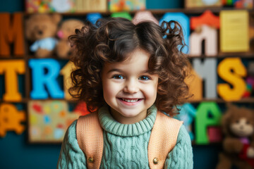 Fototapeta premium Smiling child in front of colorful alphabet wall.
