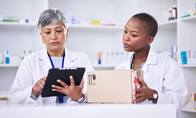 Woman, pharmacist and team with tablet or box in logistics for inventory inspection or stock at...