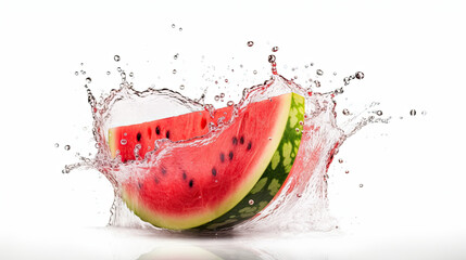 Watermelon slices are being thrown into a water splash.