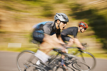 Man, mountain and cycling in motion blur, speed and helmet for training together, exercise and...