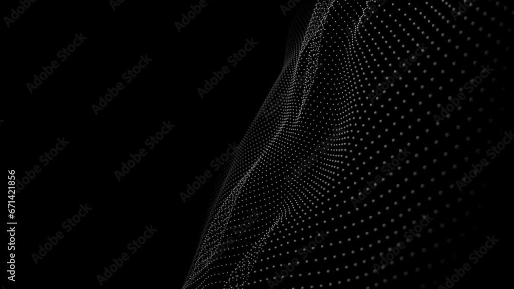 Poster futuristic grid wave of white halftone digital dots data smooth seamless animation on dark with dim 