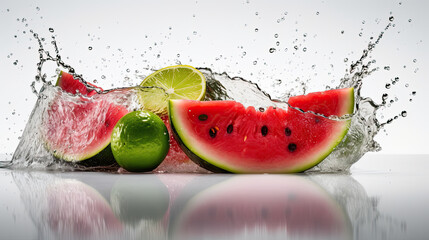 Watermelon slices are being thrown into a water splash.