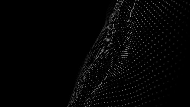 Futuristic grid wave of white halftone digital dots data smooth seamless animation on dark with dim light background. Flow particles landscape. For cyber technology, sound visualization, big data