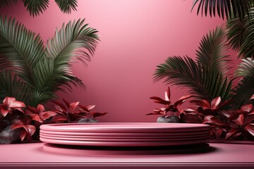 Fototapeta na wymiar 3D render of pink background with tropical leaves and podiums, 8k by Generative AI