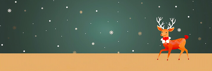 Green Background with Cute Reindeer and Copy Space