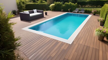 Fototapeta na wymiar Swimming pool and decking in garden of luxury home. Generative AI