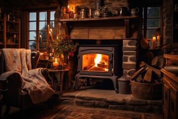 Cosy cottage living room with fireplace with woodburning stove. Generative AI