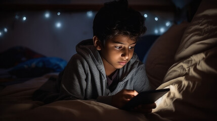 Little boy using smartphone till late night in his bedroom - obrazy, fototapety, plakaty