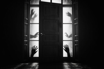 Suspense behind the door. many hands outside the window in the door reaching out to us. feeling of danger. Generative AI