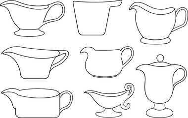 Illustration of different gravy sauce boats isolated on white