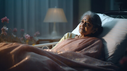 elderly indian woman lying on bed - obrazy, fototapety, plakaty