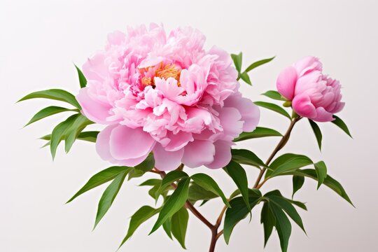 Photo of a beautiful peony in full bloom with a solid white background. Generative AI