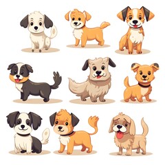 Set of cute dog cartoon or puppy character on white background.