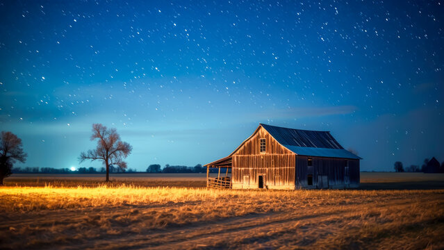 Mystical countryside landscape of dreamlike, starry night sky over a rustic barn in the American Midwest, with a contrast of dark blues and warm earth tones. Copy space