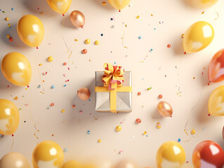 Birthday presents and colourful balloons with confetti around, on warm natural wall background with...