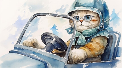 Watercolor illustration of cat on motorcycle. Funny art