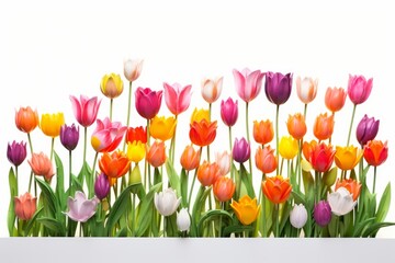 Photo of a colorful tulip garden with a solid white background. Generative AI
