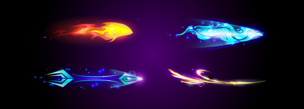 Set of magic power light trails isolated on background. Vector cartoon illustration of fire flame, cold frozen missile, fantasy laser arrow, burning asteroid, space comet motion effects in neon colors
