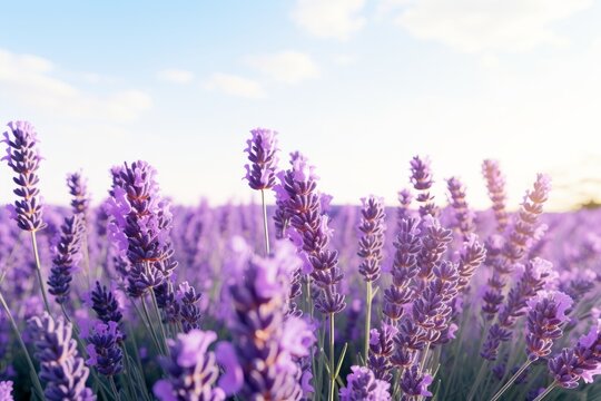 Photo of a fragrant lavender field against a solid white background. Generative AI