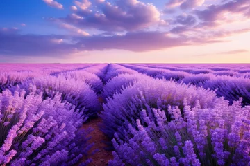 Schilderijen op glas Photo of a fragrant lavender field against a solid white background. Generative AI © Aditya