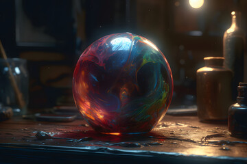 glass globe on a table. 