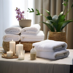 Fototapeta na wymiar Towels with herbal bags and beauty treatment items