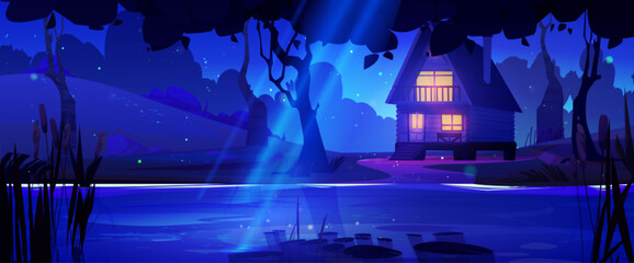 Cartoon night landscape with wooden hut on shore of lake or river in forest under moonlight beam. Scenery with house or hotel for camping and vacation with light in windows near water pond in woodland