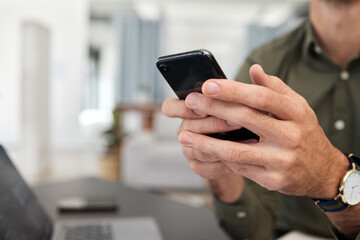 Phone, office and hands of business worker typing for planning, social media and networking. Corporate, professional and closeup of person on smartphone for communication, website and mobile app