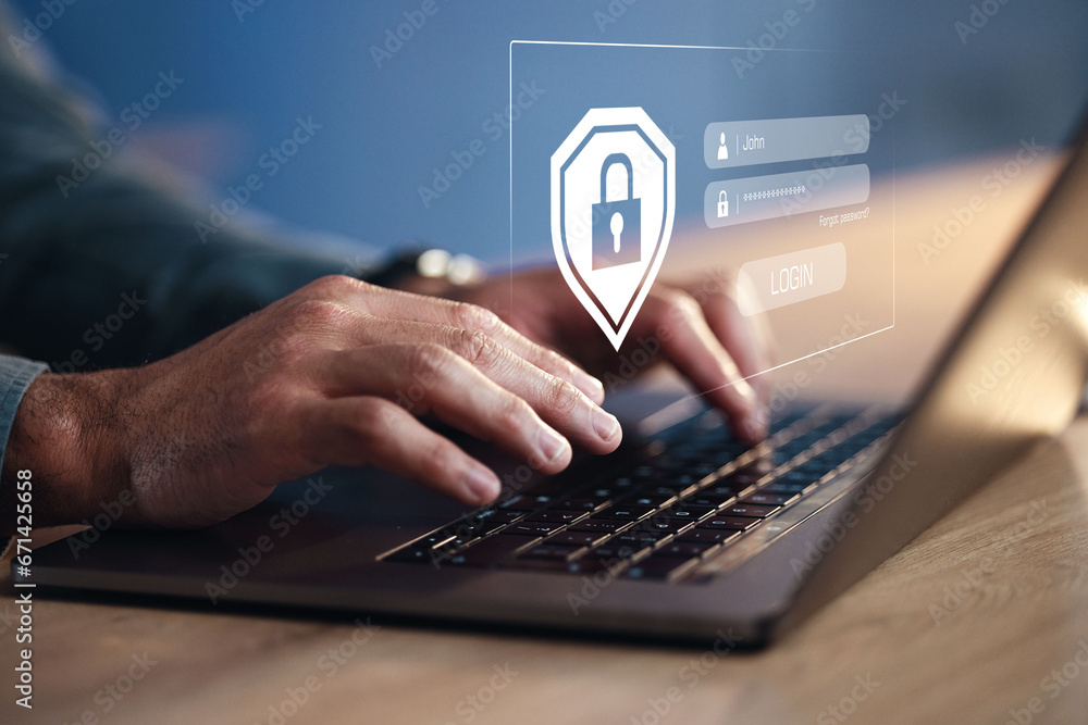 Poster Hands, programmer on laptop and hologram for password login, cyber security software and code. IT, typing and developer with keyboard, lock overlay and gdpr for data protection, safety and closeup.