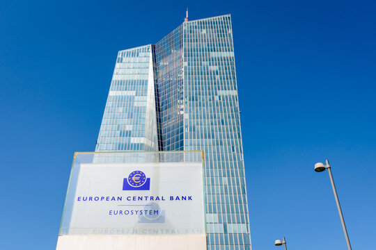 Frankfurt am Main, Germany - August 20, 2023: Low angle view of the sign and logo of the European Central Bank at the southern entrance of the Skytower building, headquarters of the ECB since 2015.