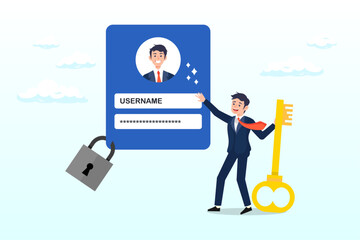 Businessman hold key with user account lock with strong lock pad, strong password for cyber security, high protection and safety for login account, secure data privacy, online authentication (Vector)