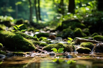 Fototapeta premium Green moss close up, forest landscape blurred background. Generative AI