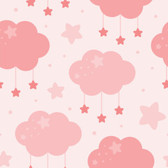 Moon, Sun, Cloud and Stars Cute Seamless Pattern, Cartoon Vector Illustration, Cute Kawaii Cartoon Drawn Background, Isolated Background